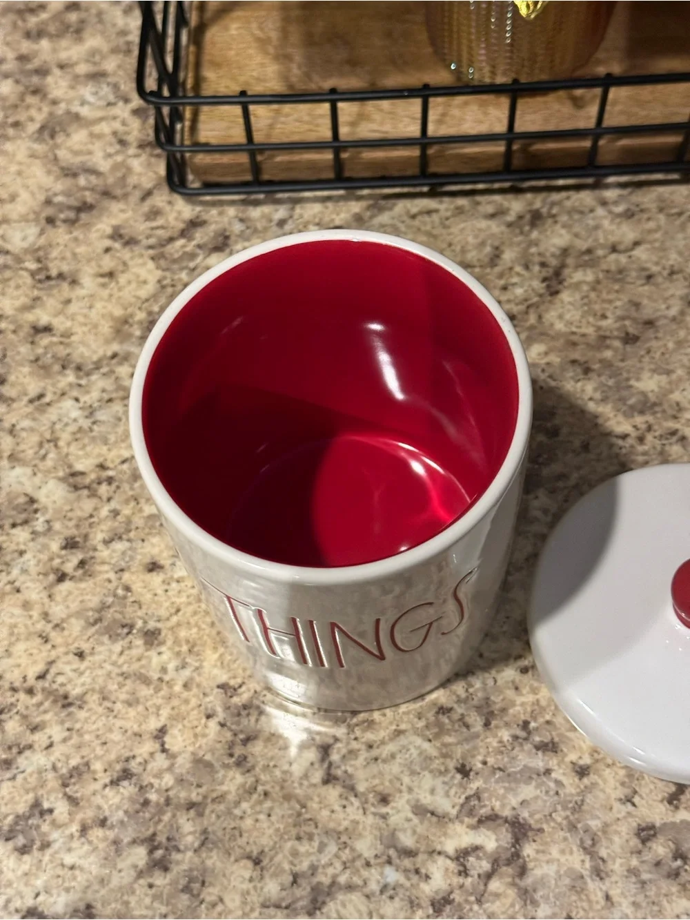 Rae Dunn THINGS Cream Ceramic Canister with Red Lettering and Red Knob